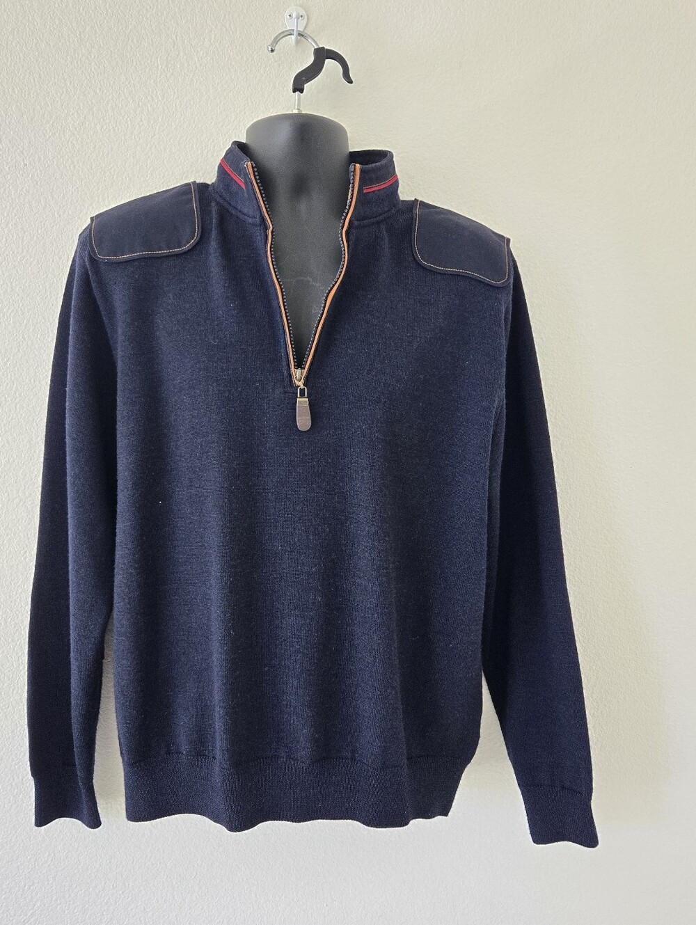 Orvis Mens Medium Navy Blue Wool 1/4‎ Zip Sweater Elbow Patch Shoulder Pullover - Picture 4 of 15